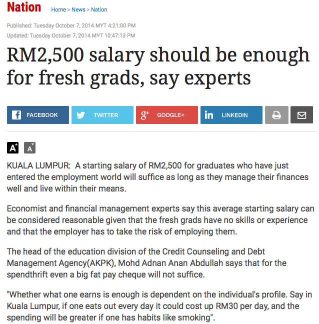 RM2500 salary should be enough for fresh grads, even those staying in KL, says experts.